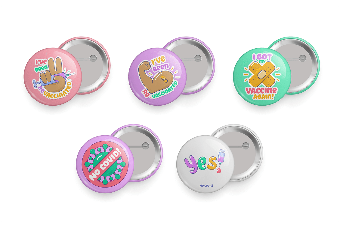 Assorted vaccination-themed pins